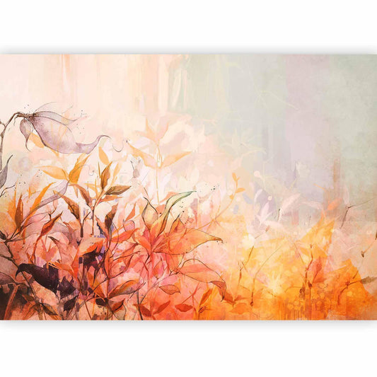 Fototapete - Flaming meadow - nature landscape with meadow of flowers and leaves in watercolour style