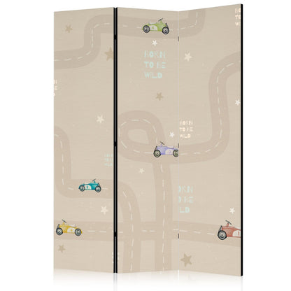 Paravent - Race - Colorful Cars on a Road on a Beige Background with Stars