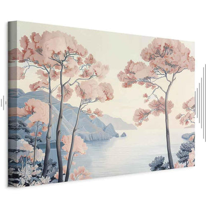 Leinwandbild - Landscape with the Ocean Cliffs and Trees in Delicate Pink Shades