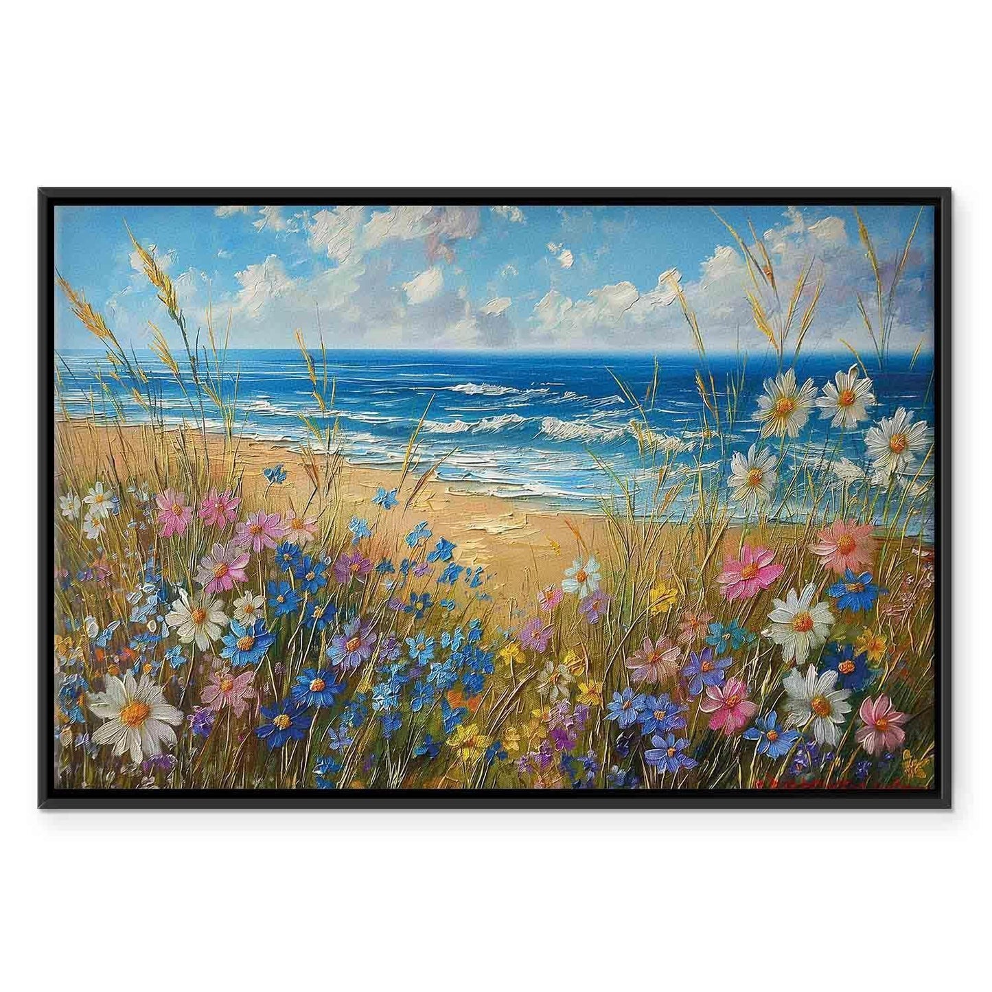 Leinwandbild - Seascape – wildflowers and a view of the rough sea