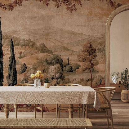 Fototapete Mediterrane Landschaft – Alter Wandteppich mit Hügel und See