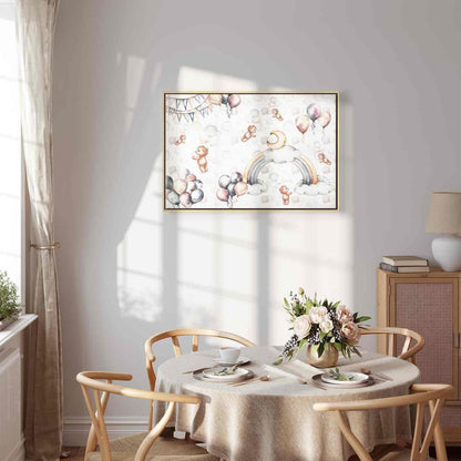 Leinwandbild - Toy Bears with Balloons - Flying Plush Bears Among Balloons Clouds and Rainbows in Subtle Pastel Hues Artgeist