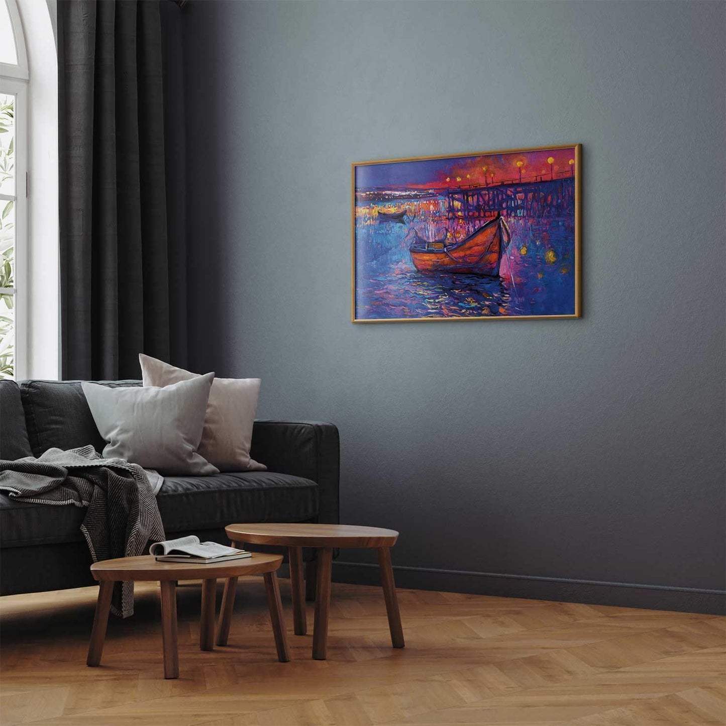 Poster - Modern impressionism - night landscape of a lake with a floating boat