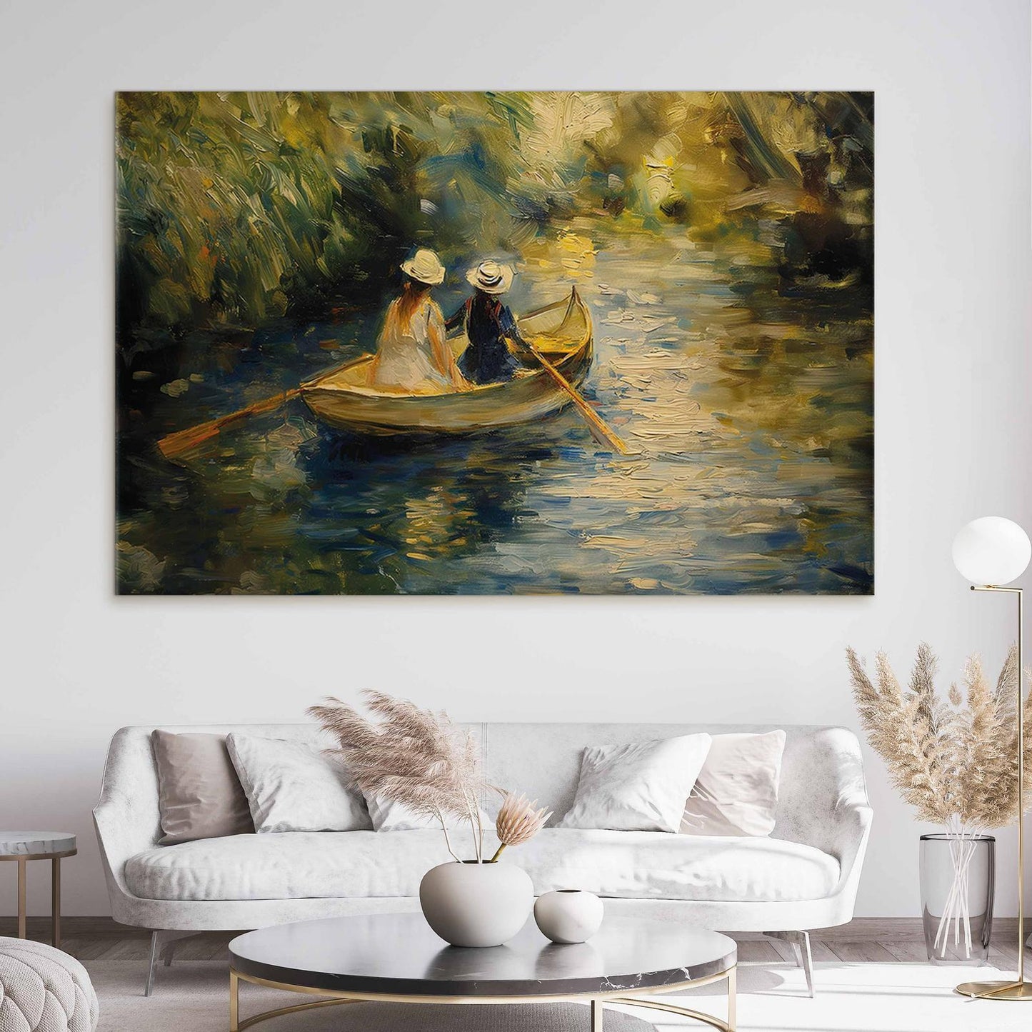 Wandbild XXL - Boat crossing - painting of two women sailing a boat on a river