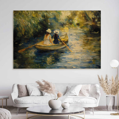 Wandbild XXL - Boat crossing - painting of two women sailing a boat on a river