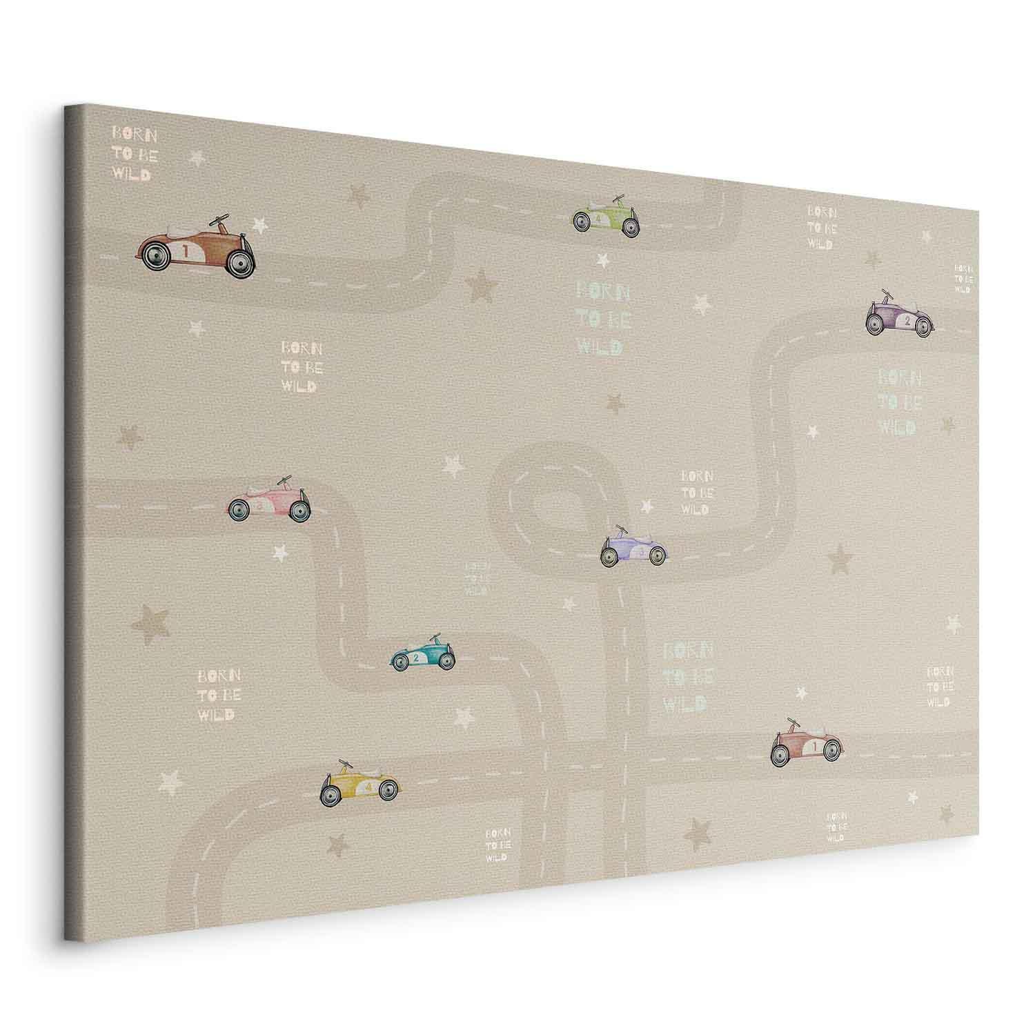 Leinwandbild - Race - Colorful Cars on a Road on a Beige Background with Inscriptions Artgeist
