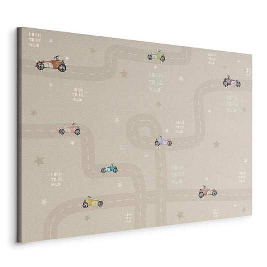 Leinwandbild - Race - Colorful Cars on a Road on a Beige Background with Inscriptions Artgeist