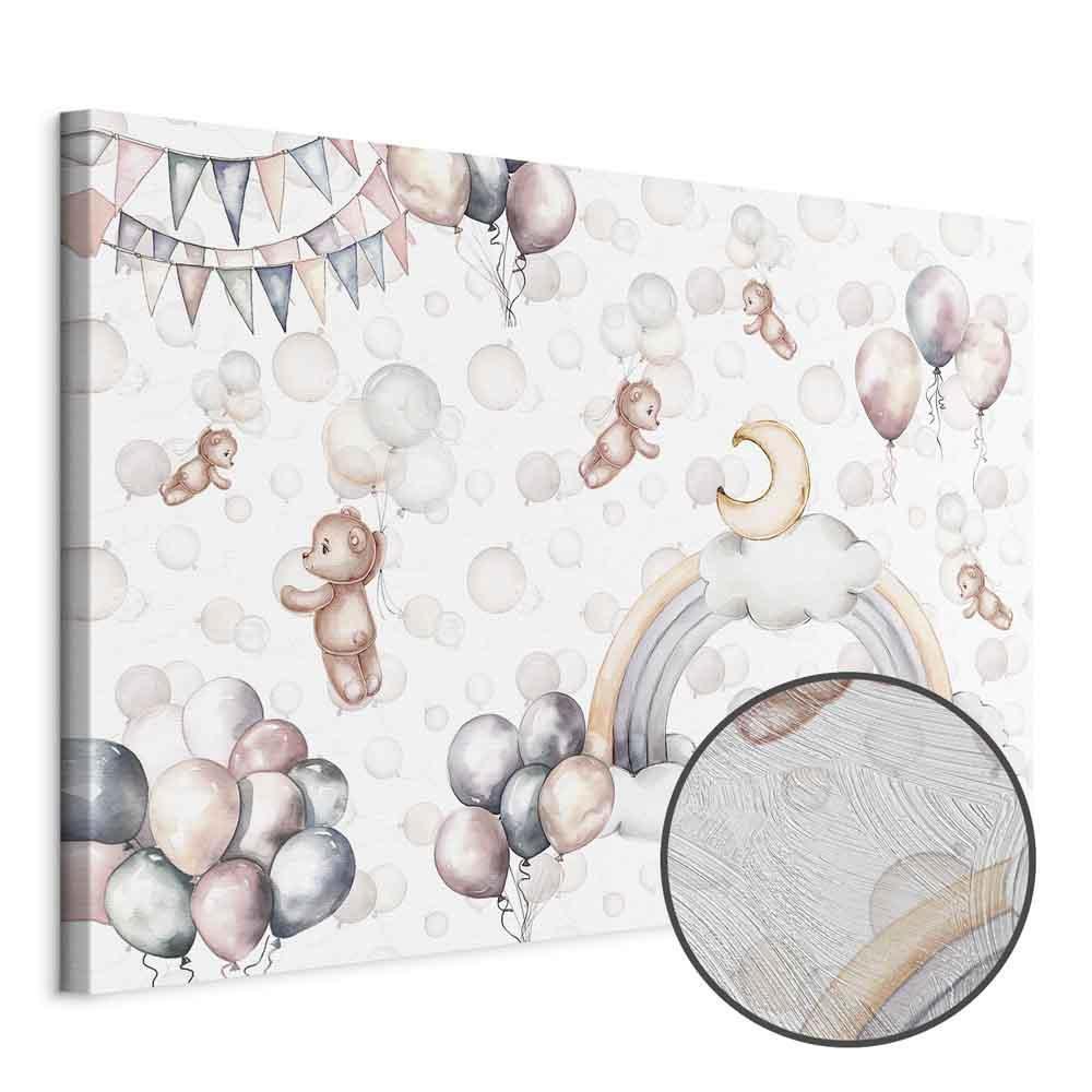 Leinwandbild - Toy Bears with Balloons - Flying Plush Bears Among Balloons Clouds and Rainbows in Subtle Pastel Hues