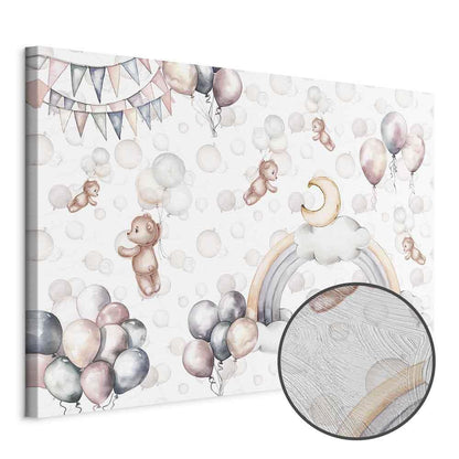 Leinwandbild - Toy Bears with Balloons - Flying Plush Bears Among Balloons Clouds and Rainbows in Subtle Pastel Hues