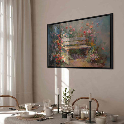 Leinwandbild - Flowery bench - impressionist painting full of flowers