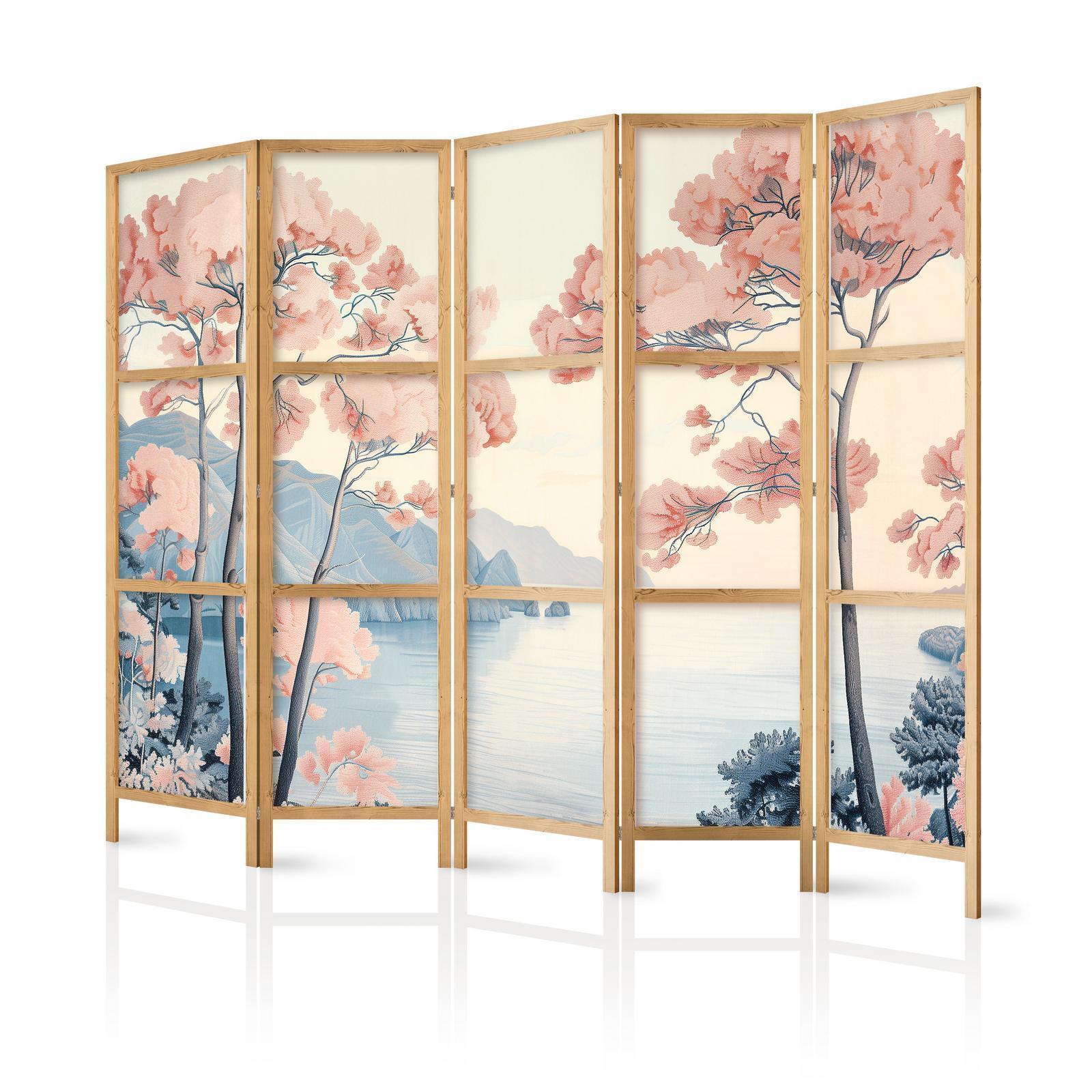 Japanischer Paravent - Landscape with the Ocean - Cliffs - and Trees in Delicate Pink Shades Artgeist