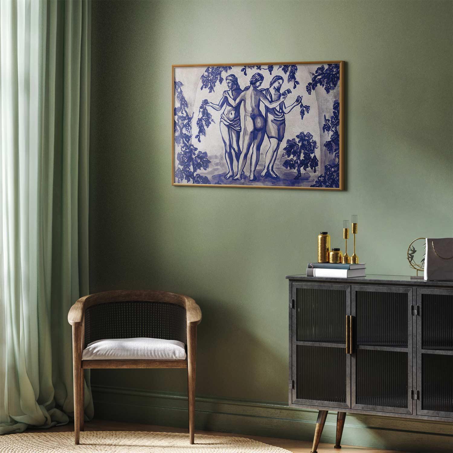 Poster - Ancient Vineyard - three women in a portal painted in blue ink Artgeist