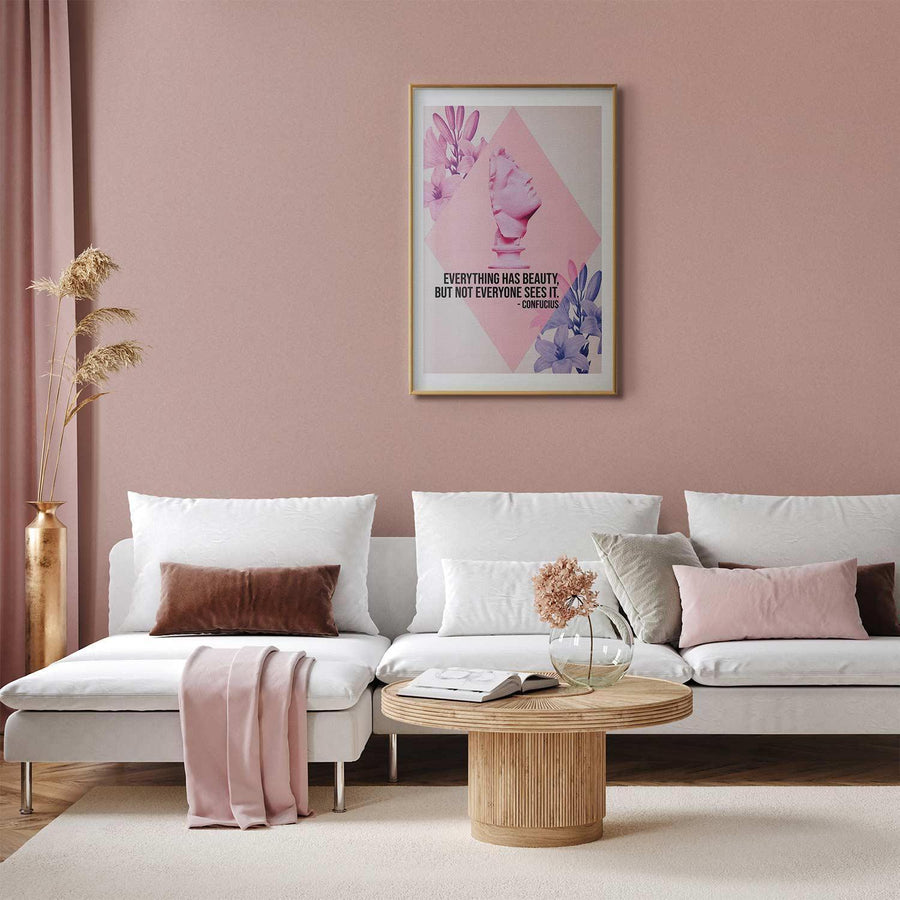 Poster - Confucius on Beauty - a bust in pink with flowers and a quote Artgeist