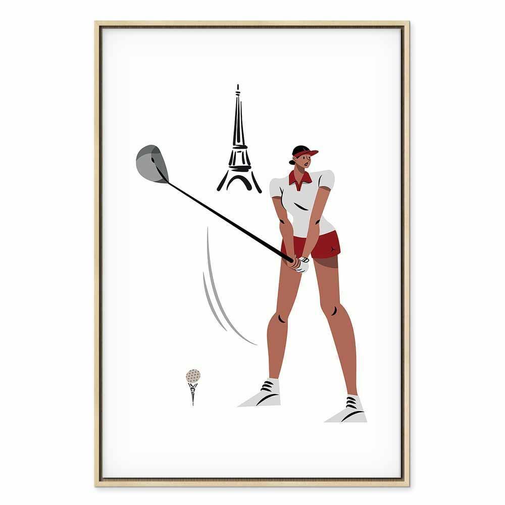 Leinwandbild - Female Golfer With the Eiffel Tower in the Background - Illustration