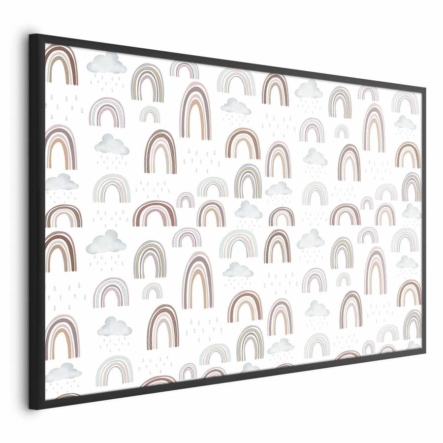 Poster with rainbow and cloud pattern in a black frame, high-quality decorative wall art.