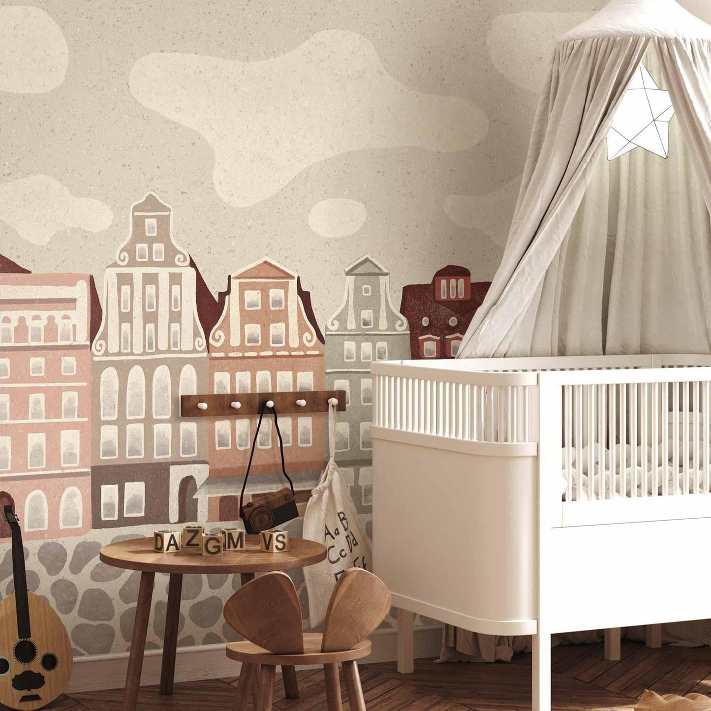 Fototapete - Salt Square - Colorful Illustrated Townhouses Against a Cloudy Sky Background