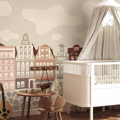 Fototapete - Salt Square - Colorful Illustrated Townhouses Against a Cloudy Sky Background