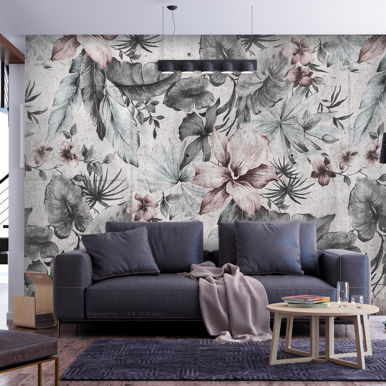 Natur Retro-Stil Wanddeko - Blätter und Blumen in Grautönen - SAWELT