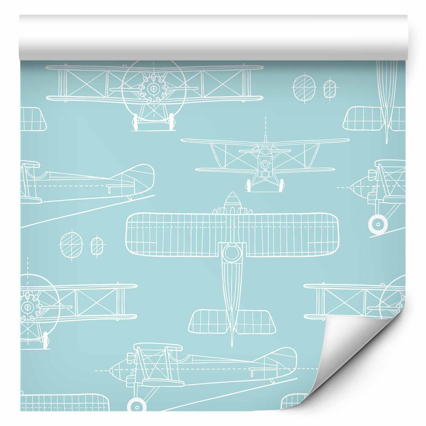 Tapete mit weißer Flugzeugskizze auf türkisem Hintergrund – modernes Design