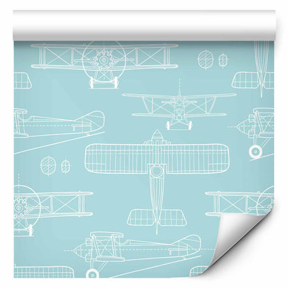 Tapete mit weißer Flugzeugskizze auf türkisem Hintergrund – modernes Design