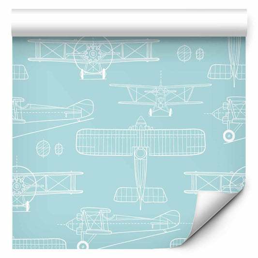 Tapete mit weißer Flugzeugskizze auf türkisem Hintergrund – modernes Design