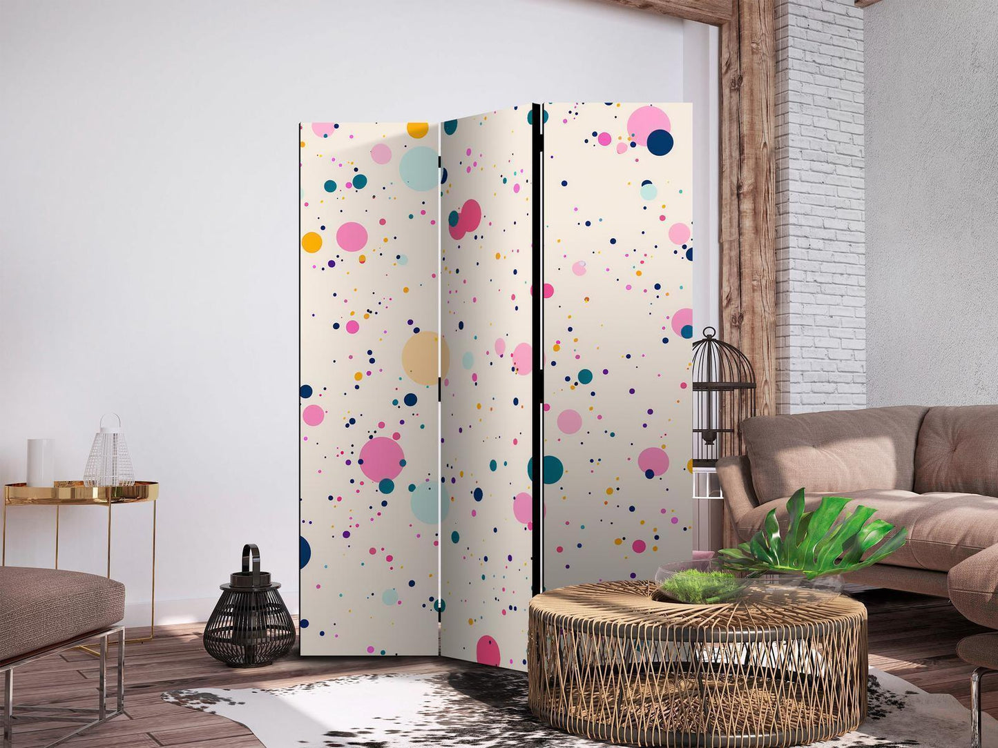 Paravent - Dots - Spots and Splashes Multicolored - Cheerful Pattern on a Light Pink Background Artgeist