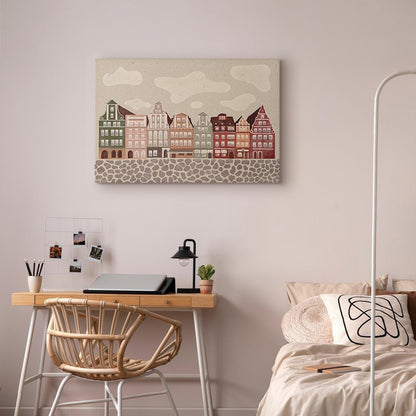 Leinwandbild - Salt Square - Colorful Illustrated Townhouses Against a Cloudy Sky Background