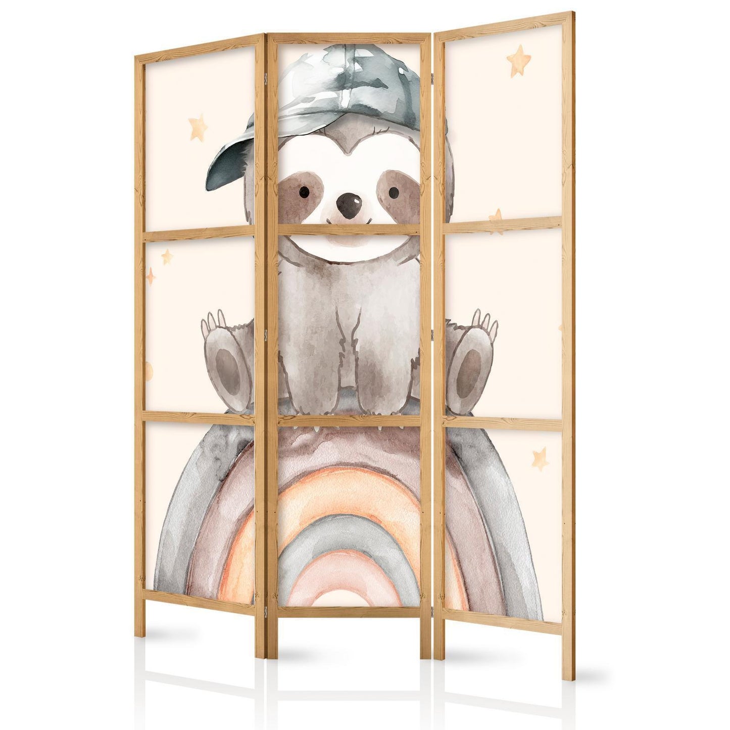 Japanischer Paravent - Happy Sloth - Sloth in muted colors - wearing a cap - sitting on a rainbow among the stars Artgeist