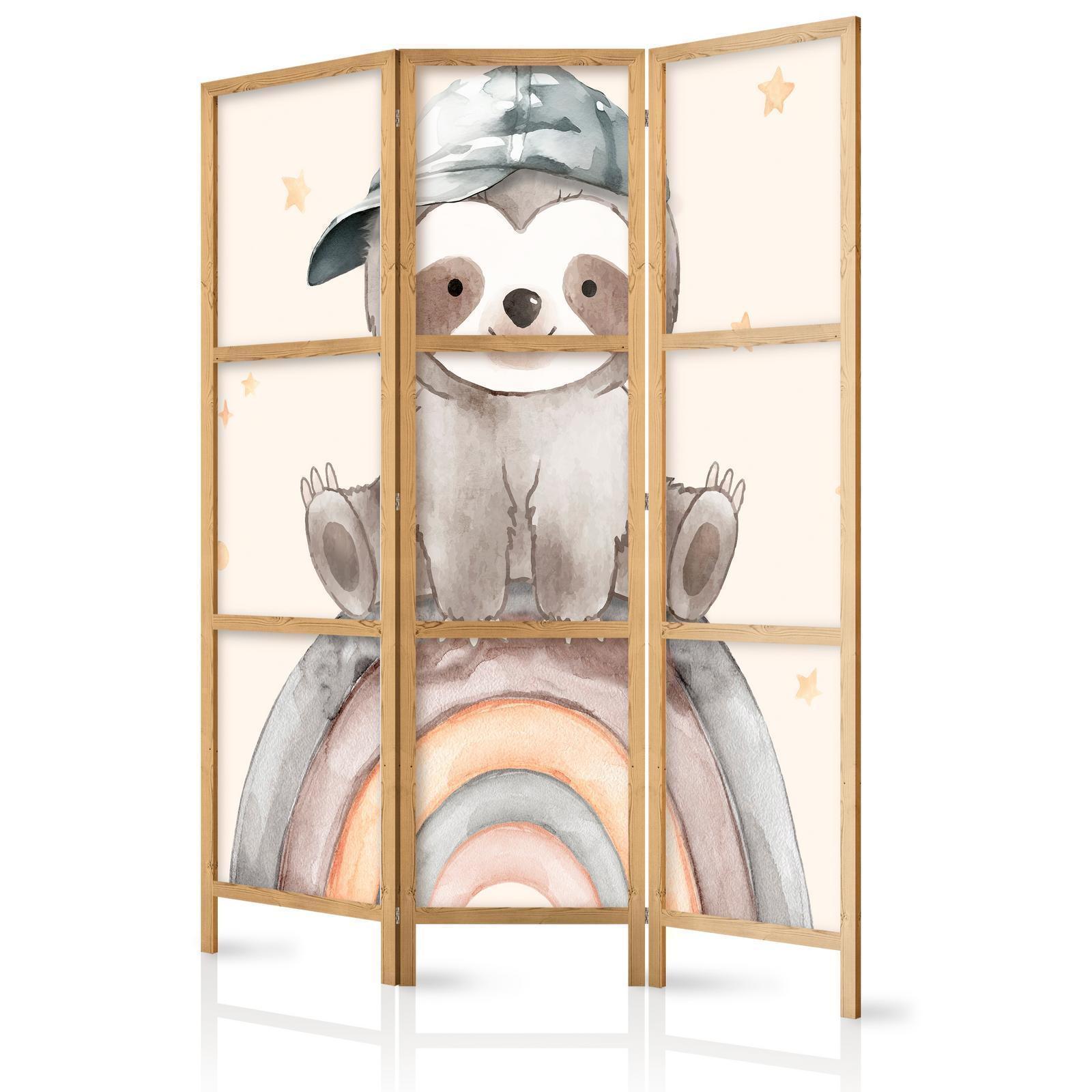 Japanischer Paravent - Happy Sloth - Sloth in muted colors - wearing a cap - sitting on a rainbow among the stars Artgeist