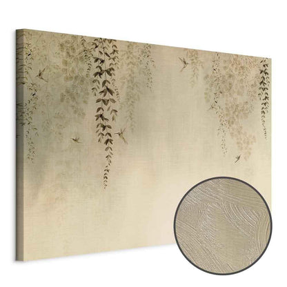 Leinwandbild - Spring Orchard - Hummingbirds Among Tree Branches in Beige Shades