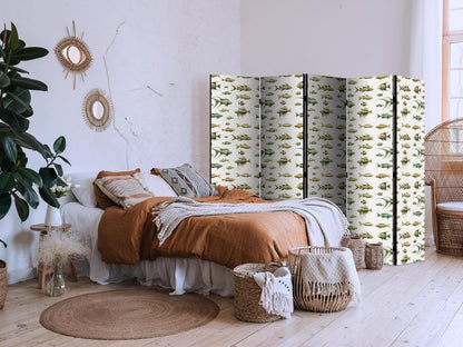 Paravent - Unusual Species of Fish - a Cluster of Fish in Muted Colors in Retro Style Against a Background of Beige Streaks Artgeist