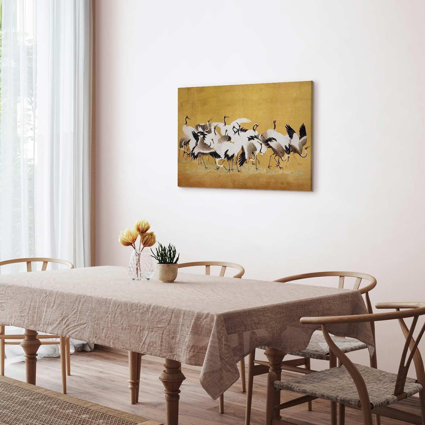 Leinwandbild - Japanese cranes - a flock of birds against a golden background based on a painting by Ishida Yūtei