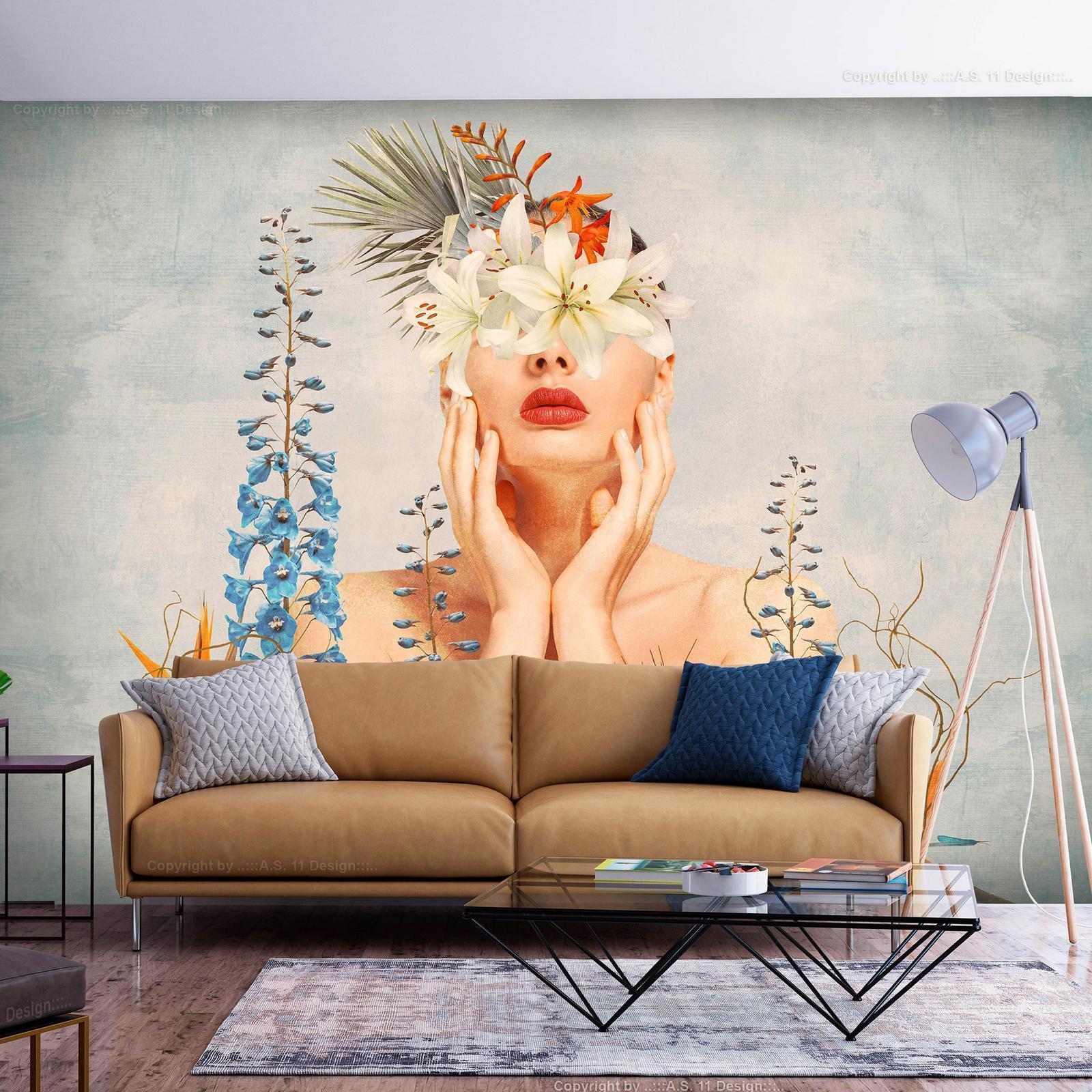 Fototapete - Nature in thought - female figure among flowers on a patterned background Artgeist