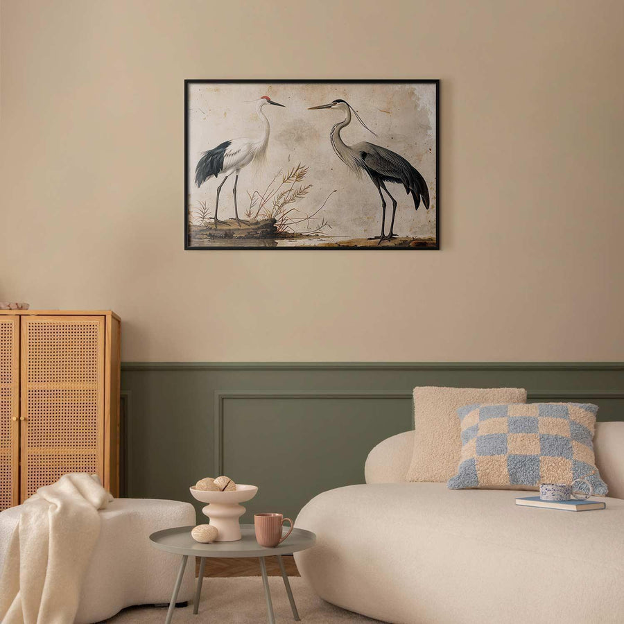Poster - Birds from an Old Engraving - vintage-style illustration of a heron and a crane Artgeist