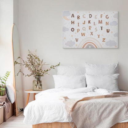 Leinwandbild - Letters Above the Rainbow - Letters Among Streams of Rain and Clouds with a Rainbow Moon and Stars on a Light Background