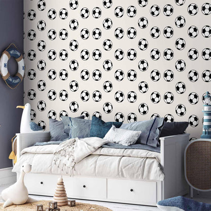 Tapete - Soccer - Symmetrical black-and-white soccer balls on a beige background