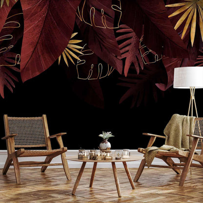 Fototapete - Jungle and composition - red and gold leaf motif on black background