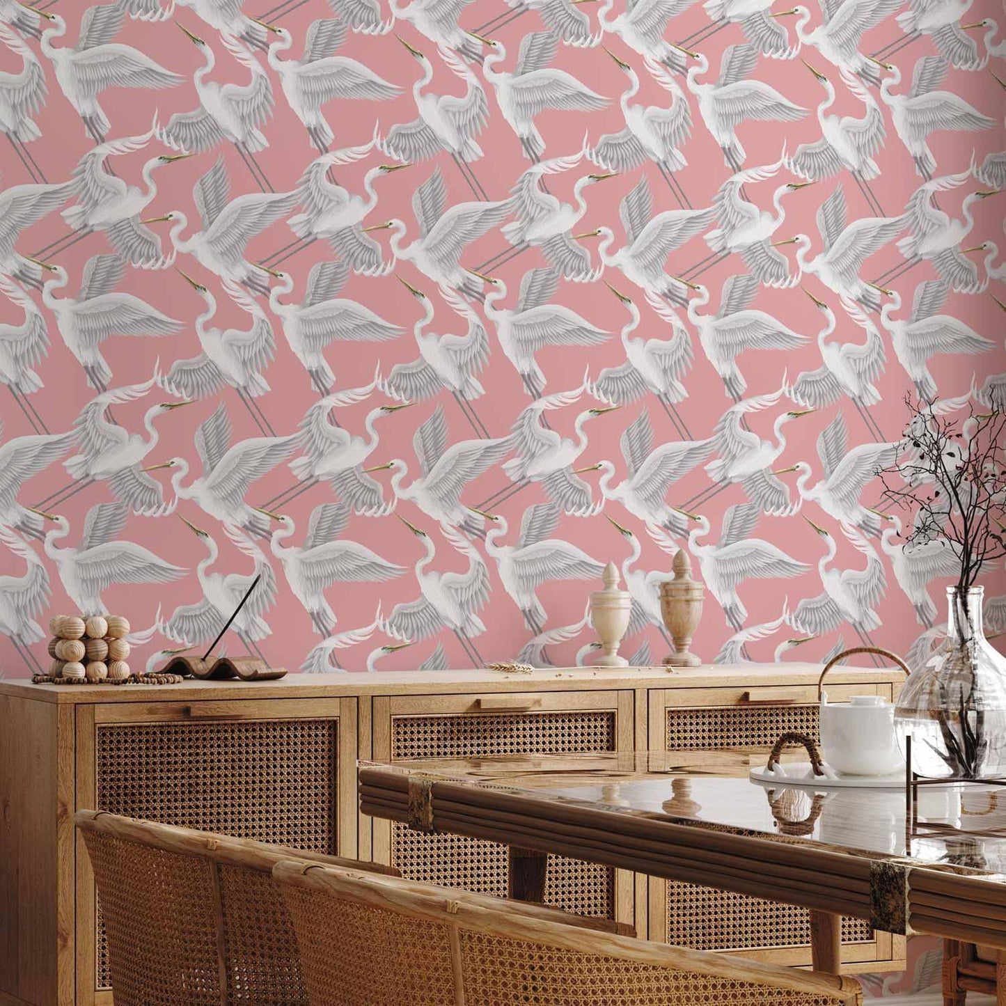 Tapete - Pastel birds – a delicate pattern of white and grey herons on a light pink background
