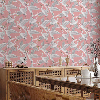 Tapete - Pastel birds – a delicate pattern of white and grey herons on a light pink background