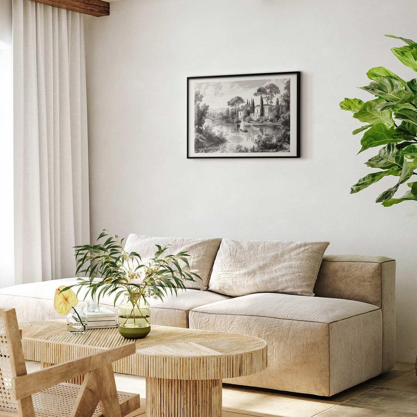 Poster - Black-and-White Vintage Landscape with a Pond