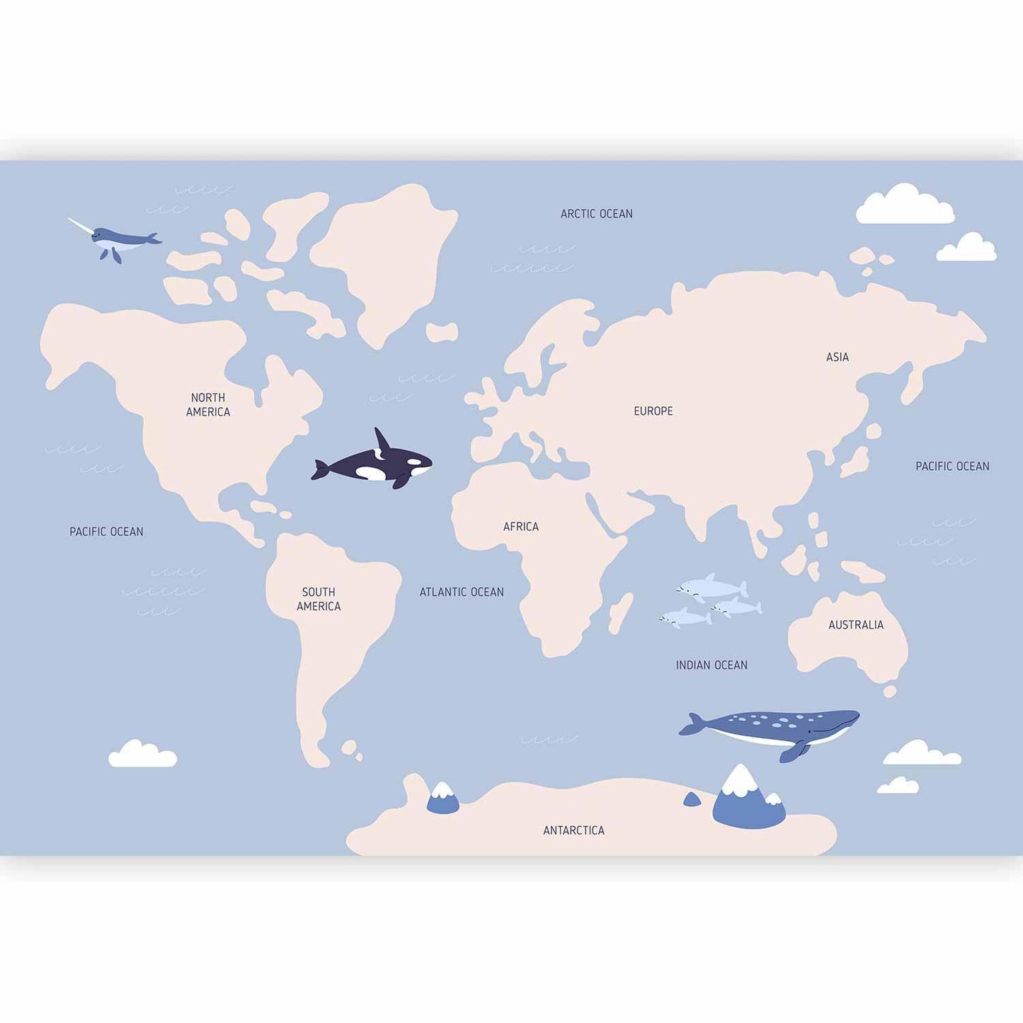 Fototapete - Pastel Planet - Animals and Underwater Plants on a Map