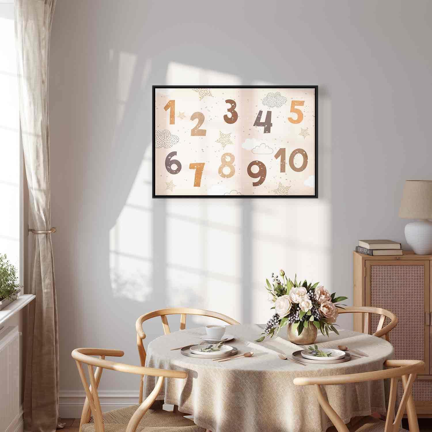 Leinwandbild - Jumping Numbers - Numbers in a Subdued Beige-Brown Hue Among Snowflakes Stars and Clouds Artgeist