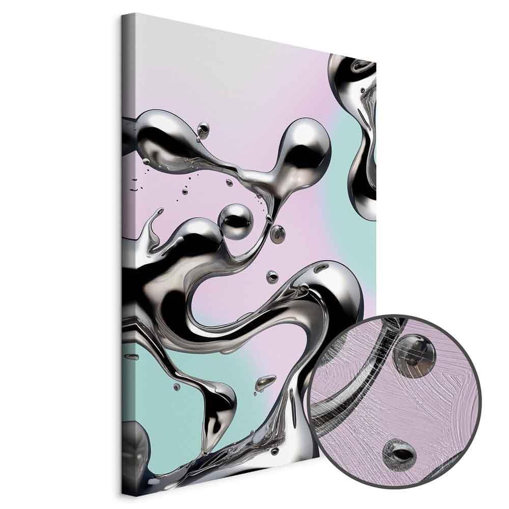 Leinwandbild - Metallic Fluidity - Abstract Silver Forms on a Mint-Purple Background