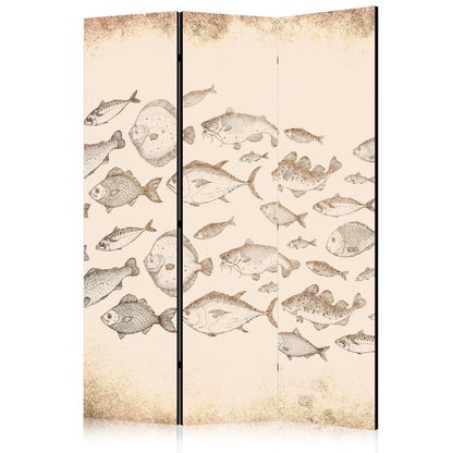 Paravent - Sketch of a Fish School - Sketches of Various Fish Species Swimming in a School on a Beige Background in Vintage Style Artgeist