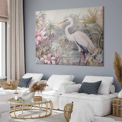 Wandbild XXL - Heron wading in a pond - illustration in bright colours