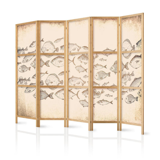 Japanischer Paravent - Sketch of a School of Fish - Sketches of Various Species of Fish Swimming in a School on a Beige Background in Vintage Style Artgeist