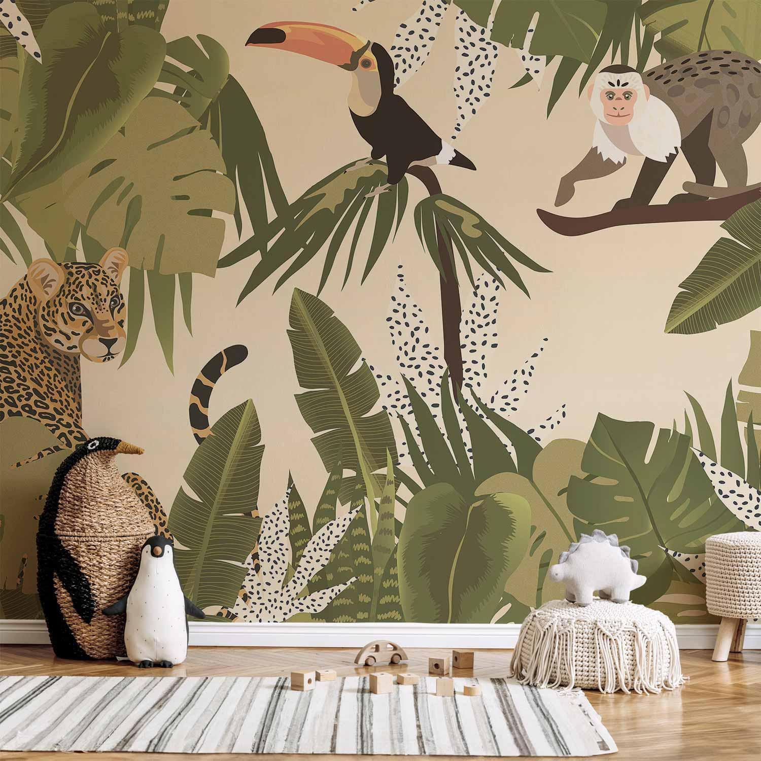 Fototapete - Leaves and Shapes - Jungle in Faded Colours With Animals Artgeist