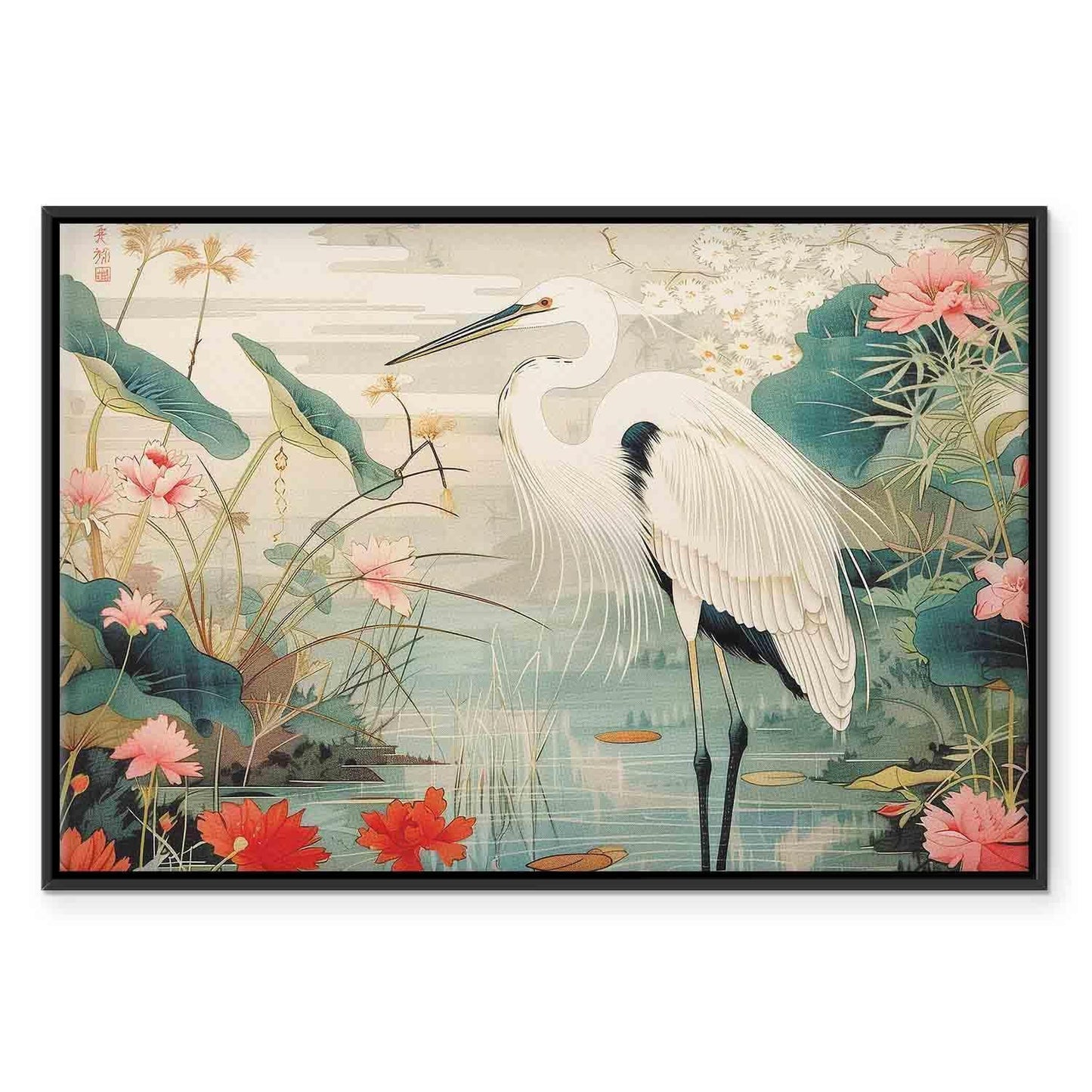 Leinwandbild - By an Asian pond - an illustration in the style of a Japanese engraving, depicting a heron