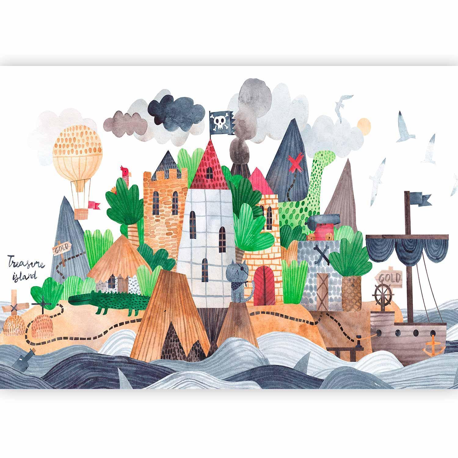 Fototapete - A colourful treasure island with a castle - a pirate ship at sea for children Artgeist