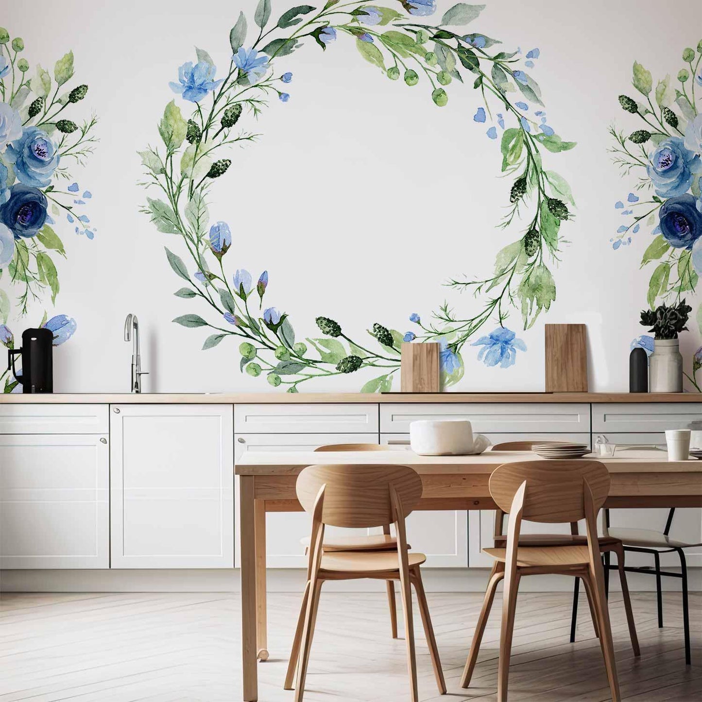 Fototapete - Romantic wreath - plant motif with blue flowers and leaves Artgeist